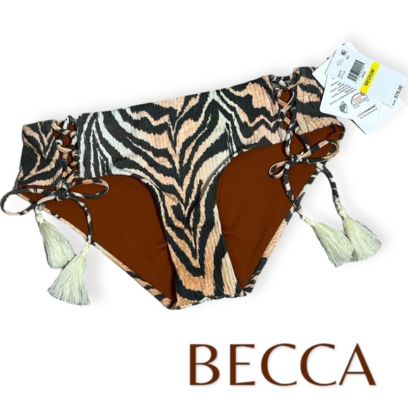 BECCA Other - BECCA tiger print hipster bikini bottom with lace up tassel tie details size M